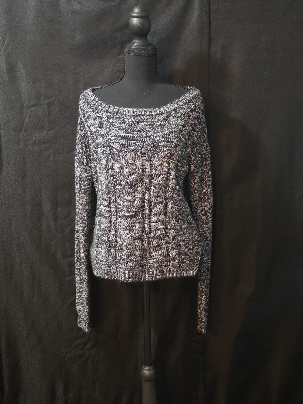 SO Black & White Marled Off-the-Shoulder Cable Knit Sweater